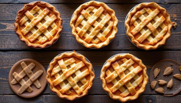 mini pumpkin pies with lattice tops displayed geometrically on a rustic wooden surface. photo