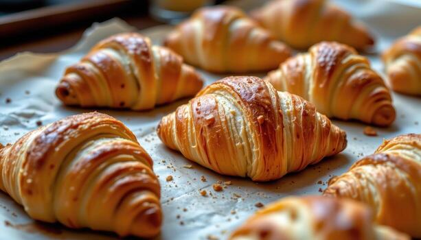freshly baked croissants on parchment paper with edges crisp and textures rich. photo