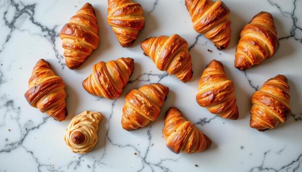 aerial view of croissants lined neatly on a marble countertop with soft light. photo