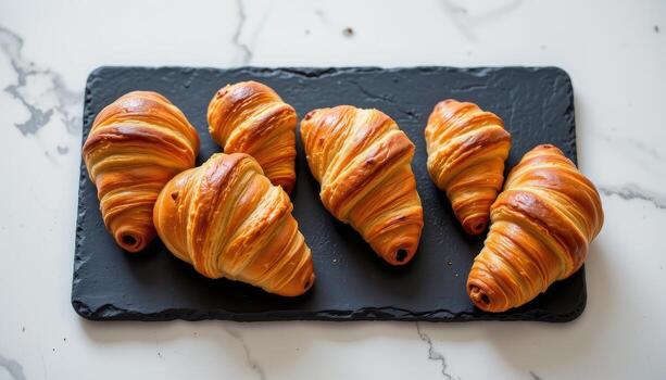 croissants lined on a slate board with minimalistic styling and natural lighting. photo