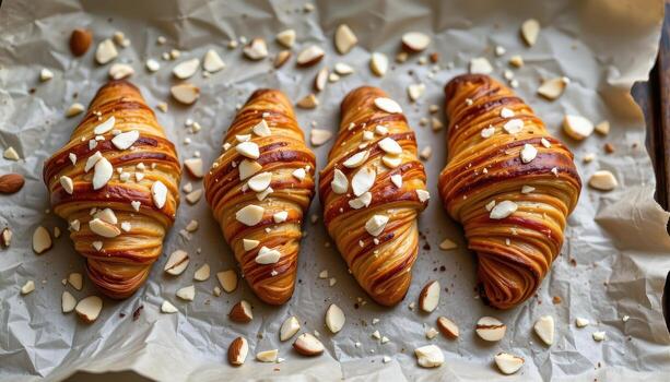 fresh croissants on parchment paper with almond slices scattered lightly over top. photo