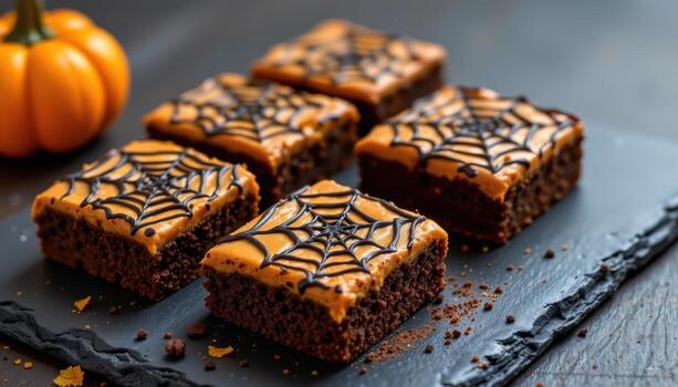 orange and black frosted brownies with spiderweb patterns on a slate countertop. photo