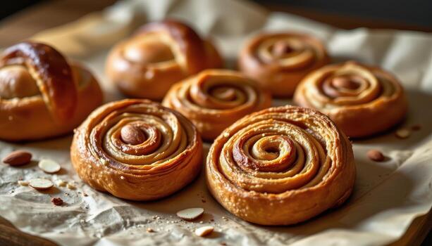 croissants on parchment paper, spiral layers visible, almond slices lightly scattered, warm light. photo