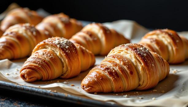 fresh croissants on parchment paper with edges slightly crisped from baking. photo