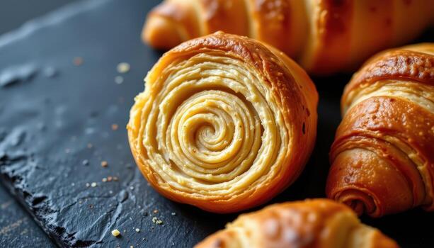 close up of golden croissants on slate board, buttery spiral layers visible, shadows adding subtle depth. photo