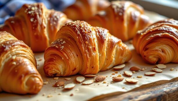 close up of buttery croissants on parchment paper, almond slices scattered, soft sunlight emphasizing layers. photo