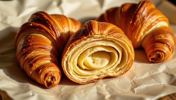 three croissants on parchment paper, edges crisp, interior airy, light casting warm gentle reflections on layers. photo