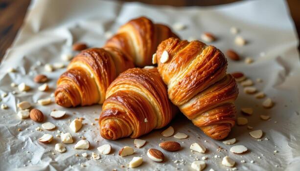 three croissants on parchment paper with almond slices scattered gently around. photo