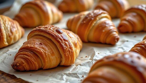 croissants on parchment paper, buttery textures and crisp edges, light highlighting golden spiral layers fully. photo