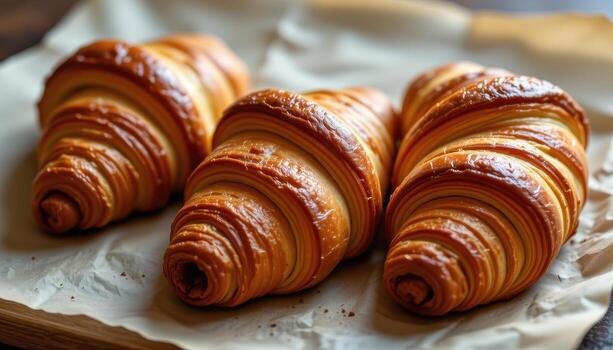 three croissants on parchment paper, buttery spiral layers visible, edges crisped, soft light creating depth. photo