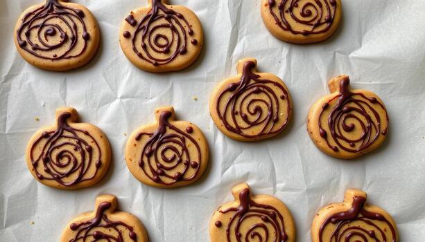 pumpkin shaped cookies with intricate icing patterns laid neatly on parchment paper. photo