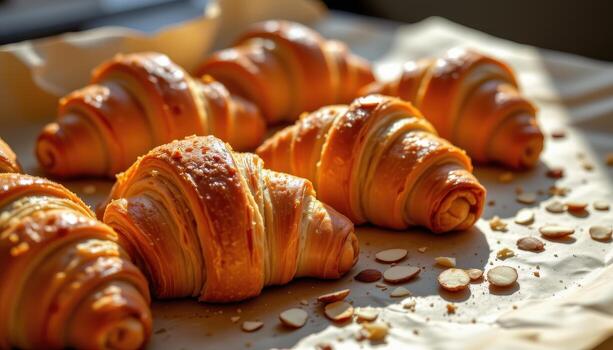 croissants on parchment paper, buttery textures visible, almond slices lightly scattered, sunlight reflecting softly. photo