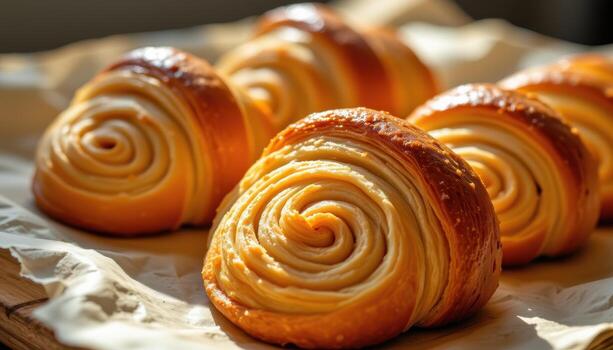 close up of golden croissants on parchment paper, buttery spiral layers visible, sunlight creating warm glow. photo
