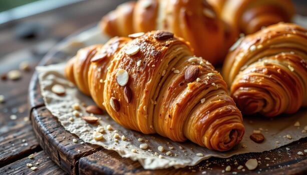 close up of golden croissants on rustic surface, almond slices lightly sprinkled, soft sunlight adding warmth. photo