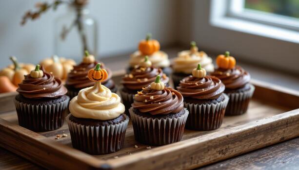 chocolate magdalenas con calabaza toppers en un rústico bandeja debajo suave difundido ligero. foto