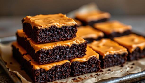 black and orange frosted brownies stacked neatly on a rustic baking sheet. photo