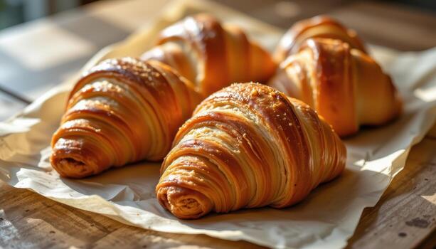 croissants on parchment paper with soft morning sunlight emphasizing crisp layers. photo