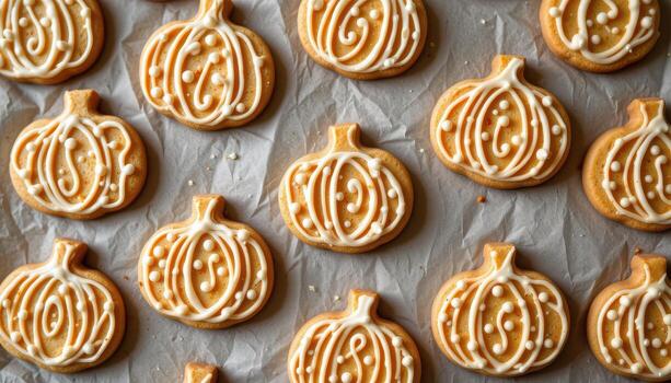 pumpkin shaped cookies with intricate icing patterns arranged neatly on parchment paper. photo