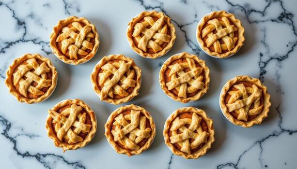 mini pumpkin pies with lattice tops arranged geometrically on a marble countertop. photo