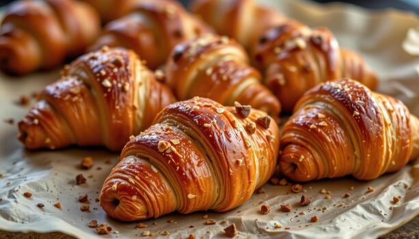 golden croissants arranged neatly on parchment paper with soft warm lighting. photo
