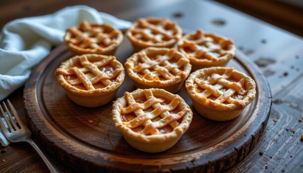 mini pumpkin pies with lattice tops arranged on a rustic wooden platter under soft light. photo