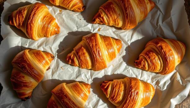 golden croissants arranged geometrically on parchment paper, warm light creating soft shadows. photo