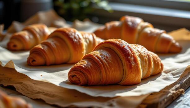 croissants on parchment paper, edges crisp and interior airy, highlighted by soft ambient sunlight. photo