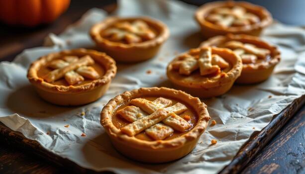 mini pumpkin pies arranged on parchment paper with lattice tops glowing softly under dim light. photo