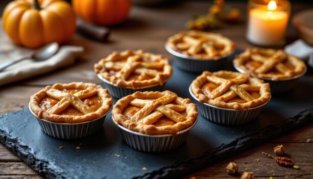 mini pumpkin pies with lattice tops displayed on a slate board under dim warm candlelight softly reflecting. photo