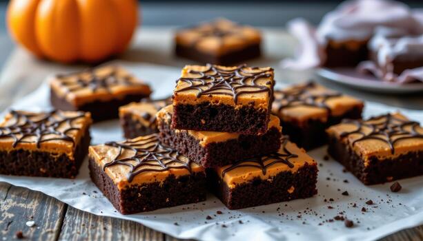 orange and black frosted brownies with spiderweb patterns stacked neatly on parchment under soft ambient light. photo