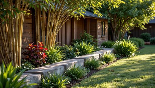 front yard lined with bamboo and pine, textures highlighted by subtle morning light on surfaces naturally. photo