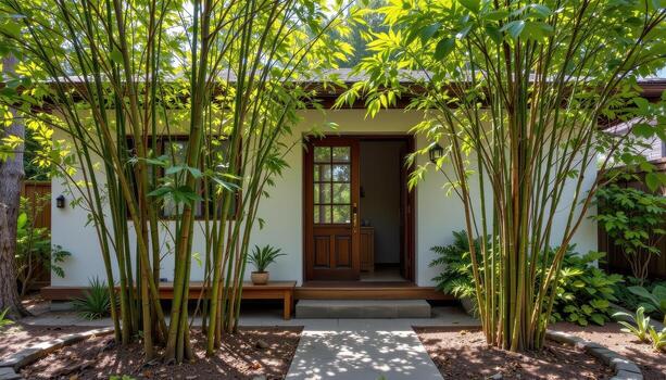 bamboo and pine arranged geometrically in front of the house, soft light creating peaceful natural glow. photo