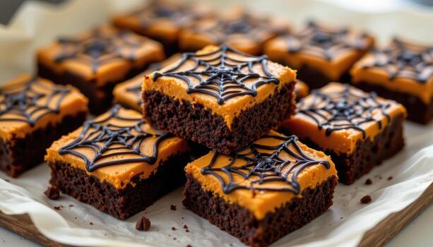 orange and black frosted brownies with spiderweb patterns stacked neatly on parchment paper softly. photo