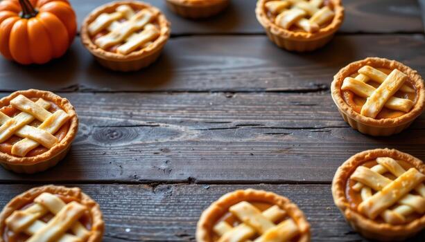 mini pumpkin pies with lattice tops arranged geometrically on a rustic wooden surface under glow. photo