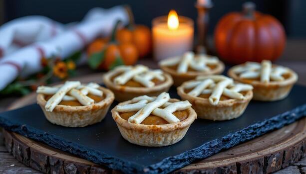 mini pumpkin pies with lattice tops arranged neatly on a rustic slate tray glowing softly under candlelight. photo