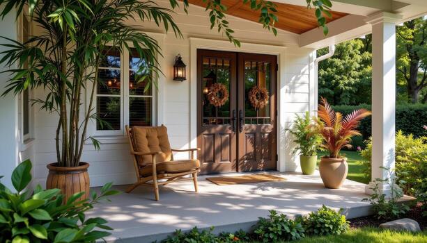 front porch decorated with bamboo and pine, ambient light highlighting shapes and natural shadows softly. photo