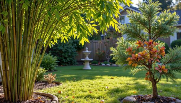 front yard lined with bamboo and pine, sunlight casting gentle highlights on green branches softly. photo
