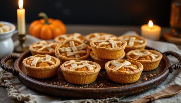 mini pumpkin pies with lattice tops stacked neatly on a rustic tray glowing softly under warm candlelight. photo