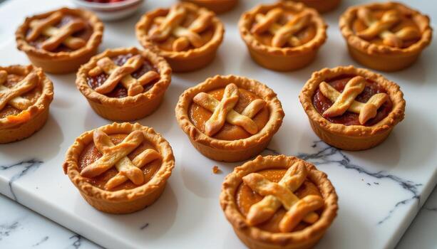 mini pumpkin pies with lattice tops arranged geometrically on a marble slab with subtle soft light reflections. photo
