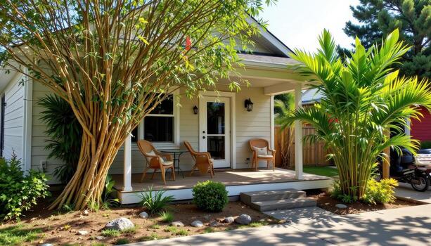bamboo and pine arranged geometrically around porch, soft shadows adding depth to natural scene. photo