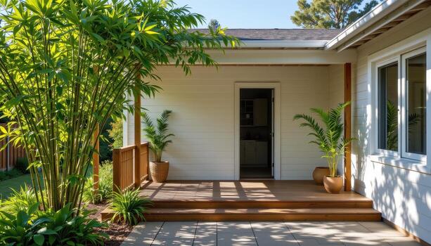 bamboo and pine arranged geometrically around porch, morning light casting soft shadows on surfaces. photo