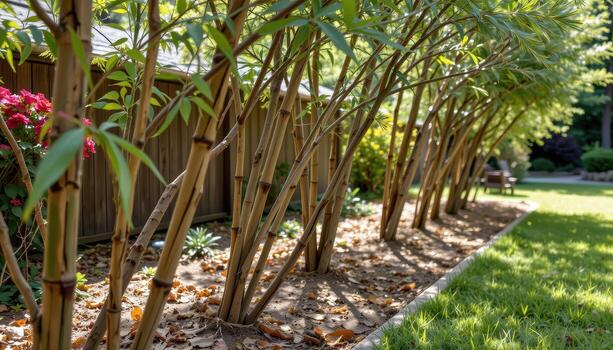 front yard lined with bamboo poles and pine branches, light highlighting textures and shapes naturally. photo