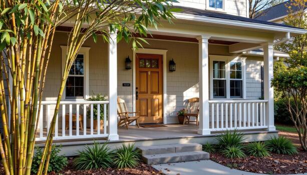 front porch framed with bamboo stalks and pine clusters, light reflecting softly on natural surfaces. photo