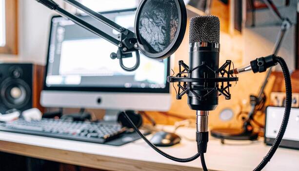 Microphone stands ready on a desk in a home recording studio, prepared to capture clear audio for podcasts or music with a professional feel. photo