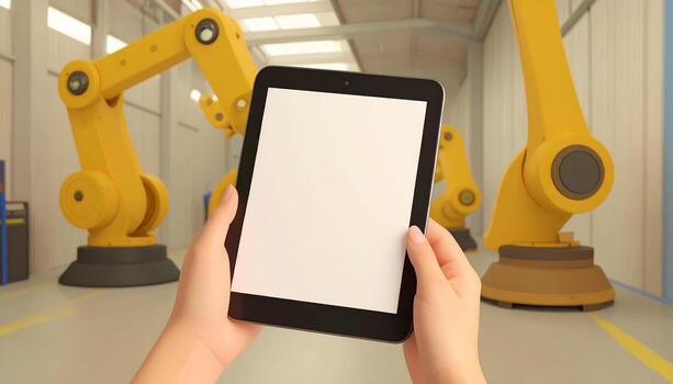 Person holding tablet in factory uses it to control robotic arms, showing modern industrial automation with a clean, futuristic aesthetic. photo
