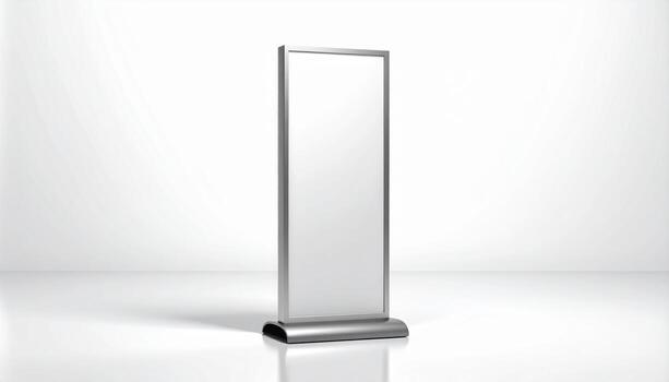 Blank silver sign stands in an empty white room, ready for advertising or information display, creating a clean and modern aesthetic. photo