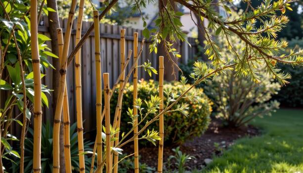 front yard lined with bamboo poles and pine branches, morning light highlighting shapes and textures naturally. photo