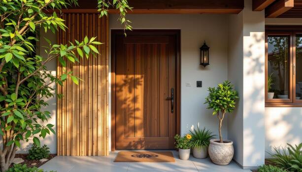 house front adorned with bamboo and pine arranged geometrically, soft light reflecting on textures gently. photo