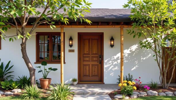 house front lined with bamboo poles and pine, creating a natural frame for the wooden doorway softly. photo