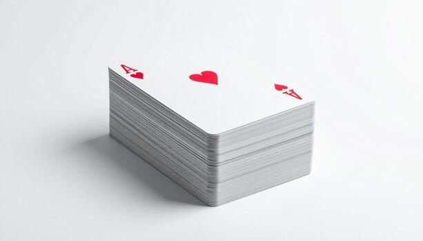 Stack of playing cards featuring the ace of hearts sits on a white surface, ready for a game of poker or solitaire, creating a sense of anticipation. photo